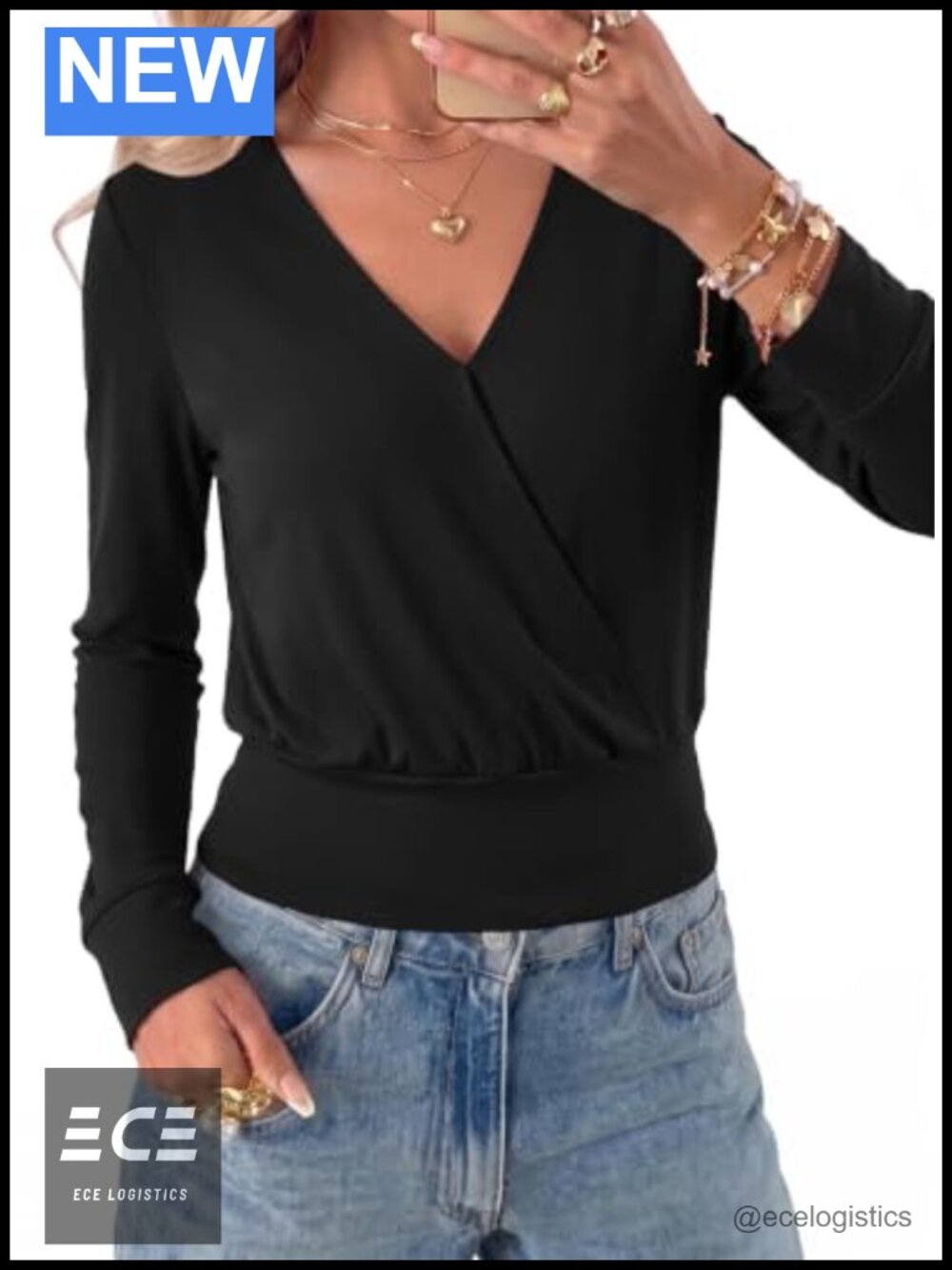 EVALESS Women's Wrap V-Neck Long Sleeve Blouse Top for Work Office